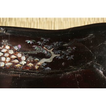 江千里製 青貝布袋図 入隅四方黒漆盆/香盆　Q306 