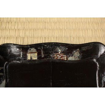 江千里製 青貝布袋図 入隅四方黒漆盆/香盆　Q306 