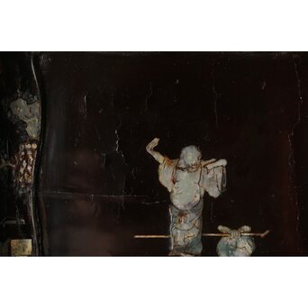 江千里製 青貝布袋図 入隅四方黒漆盆/香盆　Q306 