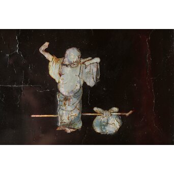 江千里製 青貝布袋図 入隅四方黒漆盆/香盆　Q306 