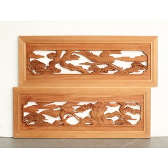 鶴松 中型木彫欄間 2枚1組　R0232