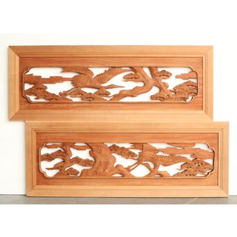 鶴松 中型木彫欄間 2枚1組　R0232 