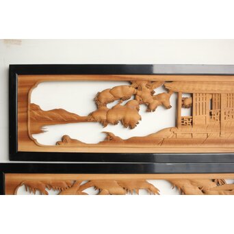 今井徳造 井波彫刻欄間 新春新雪唐子図 2枚1組　R0235 