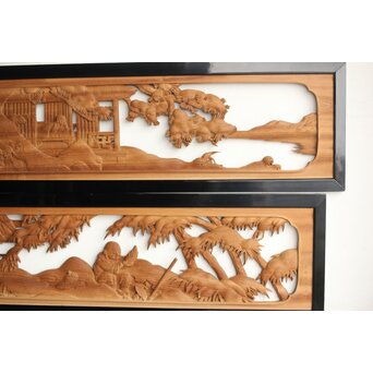 今井徳造 井波彫刻欄間 新春新雪唐子図 2枚1組　R0235 