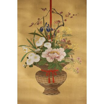 倣 柳里恭 柳沢淇園 絹本掛軸 吊花図 古筆了仲識箱二重箱　Z315 