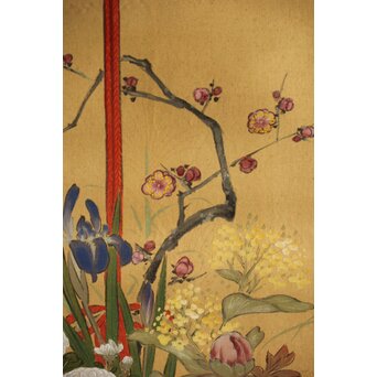 倣 柳里恭 柳沢淇園 絹本掛軸 吊花図 古筆了仲識箱二重箱　Z315 