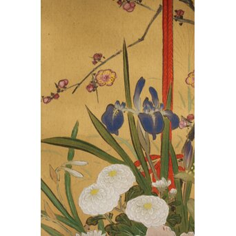 倣 柳里恭 柳沢淇園 絹本掛軸 吊花図 古筆了仲識箱二重箱　Z315 