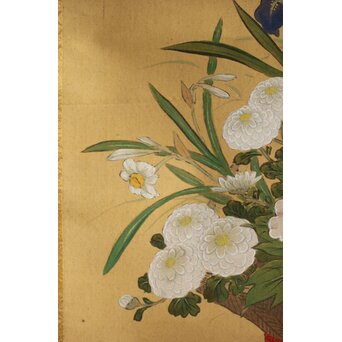 倣 柳里恭 柳沢淇園 絹本掛軸 吊花図 古筆了仲識箱二重箱　Z315 