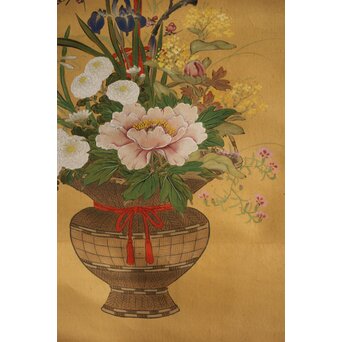 倣 柳里恭 柳沢淇園 絹本掛軸 吊花図 古筆了仲識箱二重箱　Z315 