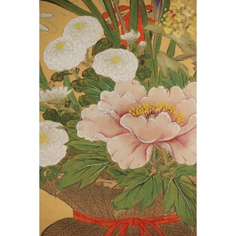 倣 柳里恭 柳沢淇園 絹本掛軸 吊花図 古筆了仲識箱二重箱　Z315 