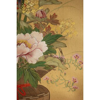 倣 柳里恭 柳沢淇園 絹本掛軸 吊花図 古筆了仲識箱二重箱　Z315 