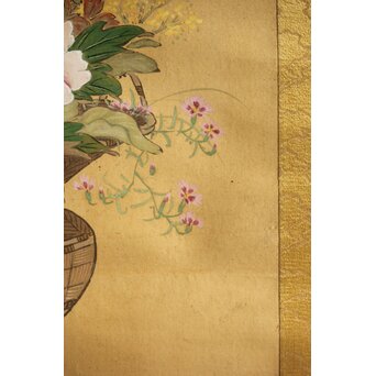 倣 柳里恭 柳沢淇園 絹本掛軸 吊花図 古筆了仲識箱二重箱　Z315 