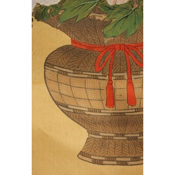 倣 柳里恭 柳沢淇園 絹本掛軸 吊花図 古筆了仲識箱二重箱　Z315 