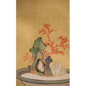 倣 柳里恭 柳沢淇園 絹本掛軸 吊花図 古筆了仲識箱二重箱　Z315 