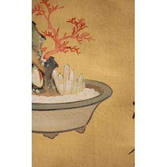 倣 柳里恭 柳沢淇園 絹本掛軸 吊花図 古筆了仲識箱二重箱　Z315 