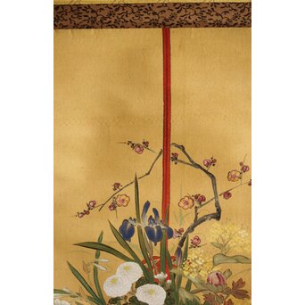 倣 柳里恭 柳沢淇園 絹本掛軸 吊花図 古筆了仲識箱二重箱　Z315 