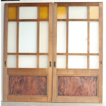 欅玉杢腰板のダイア黄色ガラスの建具 2枚1組　GD0133YD 