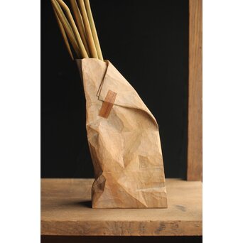 島田恭宏作か 袋と野菜 木彫彫刻　X374 