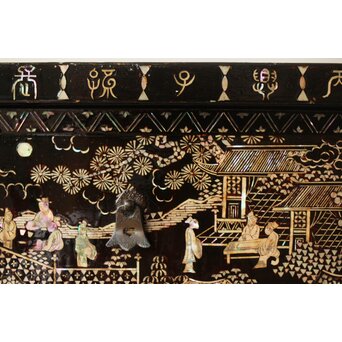 南蛮漆芸意匠 鉄地銀象嵌装飾 螺鈿漢詩山水図 整理棚　Q311 