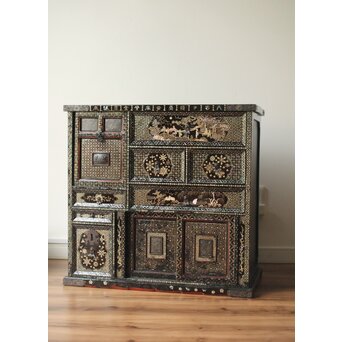 南蛮漆芸意匠 鉄地銀象嵌装飾 螺鈿漢詩山水図 整理棚　Q311 