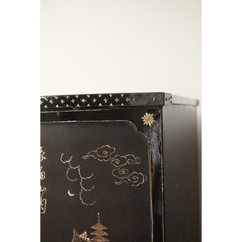 南蛮漆芸意匠 鉄地銀象嵌装飾 螺鈿漢詩山水図 整理棚　Q311 