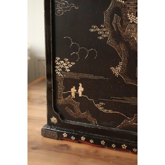 南蛮漆芸意匠 鉄地銀象嵌装飾 螺鈿漢詩山水図 整理棚　Q311 