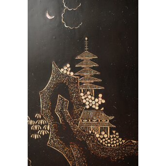 南蛮漆芸意匠 鉄地銀象嵌装飾 螺鈿漢詩山水図 整理棚　Q311 