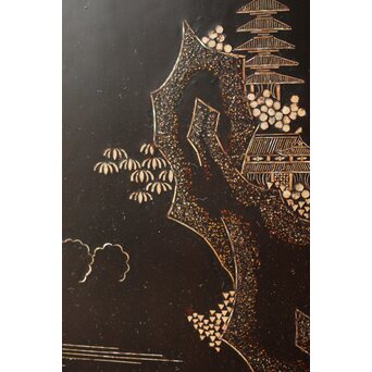 南蛮漆芸意匠 鉄地銀象嵌装飾 螺鈿漢詩山水図 整理棚　Q311 