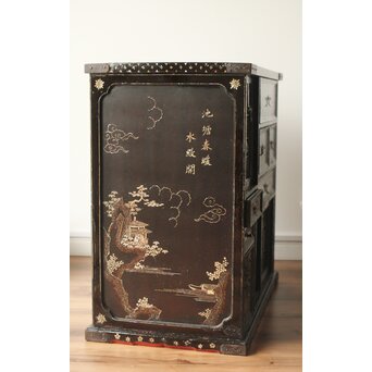 南蛮漆芸意匠 鉄地銀象嵌装飾 螺鈿漢詩山水図 整理棚　Q311 