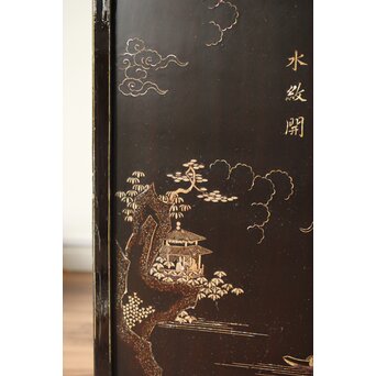 南蛮漆芸意匠 鉄地銀象嵌装飾 螺鈿漢詩山水図 整理棚　Q311 