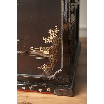 南蛮漆芸意匠 鉄地銀象嵌装飾 螺鈿漢詩山水図 整理棚　Q311 