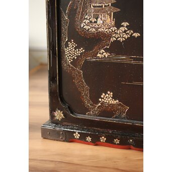 南蛮漆芸意匠 鉄地銀象嵌装飾 螺鈿漢詩山水図 整理棚　Q311 