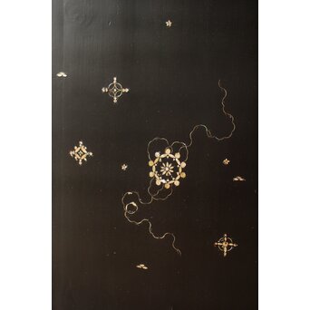 南蛮漆芸意匠 鉄地銀象嵌装飾 螺鈿漢詩山水図 整理棚　Q311 