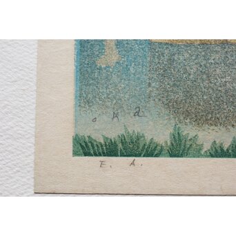 加藤版画研究所 S48年版 岡鹿之助 水辺の城 木版画 額装　Z335 