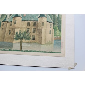 加藤版画研究所 S48年版 岡鹿之助 水辺の城 木版画 額装　Z335 