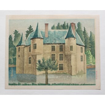 加藤版画研究所 S48年版 岡鹿之助 水辺の城 木版画 額装　Z335