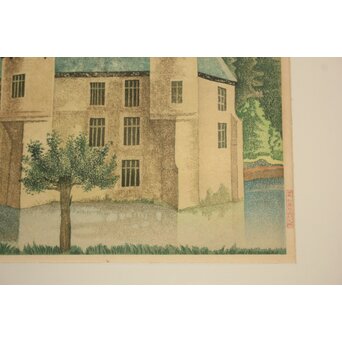 加藤版画研究所 S48年版 岡鹿之助 水辺の城 木版画 額装　Z335 