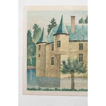 加藤版画研究所 S48年版 岡鹿之助 水辺の城 木版画 額装　Z335 