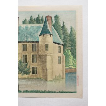 加藤版画研究所 S48年版 岡鹿之助 水辺の城 木版画 額装　Z335 