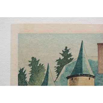 加藤版画研究所 S48年版 岡鹿之助 水辺の城 木版画 額装　Z335 