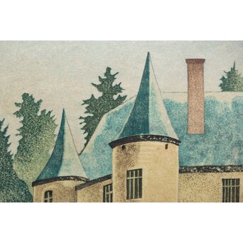 加藤版画研究所 S48年版 岡鹿之助 水辺の城 木版画 額装　Z335 