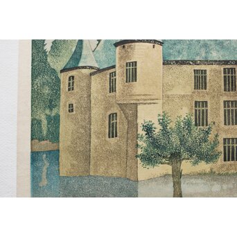 加藤版画研究所 S48年版 岡鹿之助 水辺の城 木版画 額装　Z335 