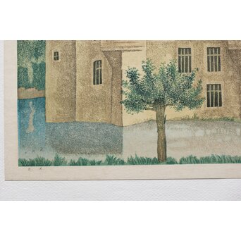 加藤版画研究所 S48年版 岡鹿之助 水辺の城 木版画 額装　Z335 