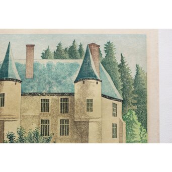 加藤版画研究所 S48年版 岡鹿之助 水辺の城 木版画 額装　Z335 