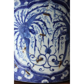 梅花氷裂紋 窓絵 染付大型植木鉢/盆栽鉢　P359 