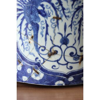 梅花氷裂紋 窓絵 染付大型植木鉢/盆栽鉢　P359 