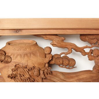 今井徳造 井波彫刻欄間 甕割唐子図 2枚1組　R0253Y 