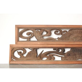 寺院欄間 荒波の鯉 2枚1組　R0255YD 