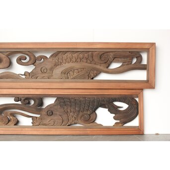 寺院欄間 荒波の鯉 2枚1組　R0255YD 