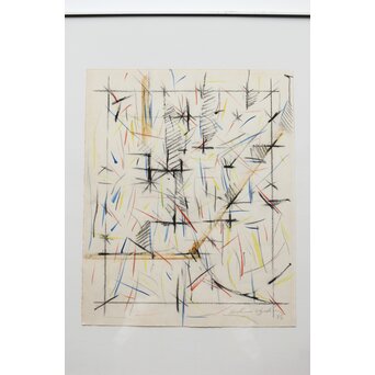 海老塚耕一 抽象画 アブストラクトA 額装 水彩 色鉛筆　A338 